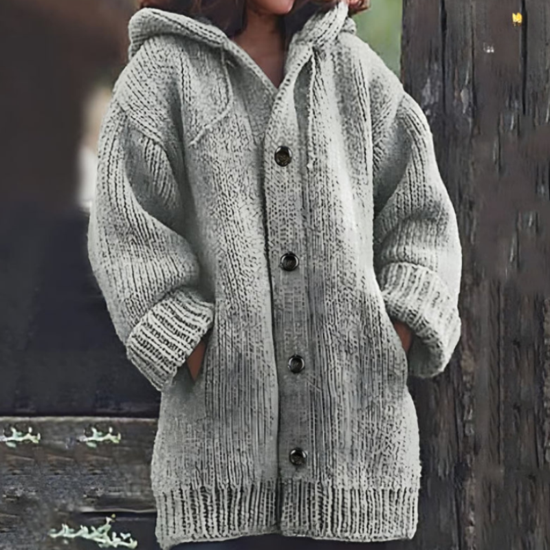 Dame Strikket Cardigan - Oversized Passform - Hette og Knapper - Myk og Komfortabel