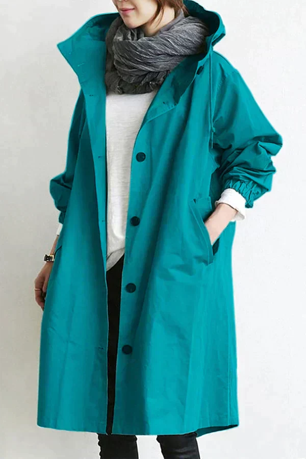 Dame trenchcoat - Casual oversized passform - Høy krage med hette - Knapper og sidelommer