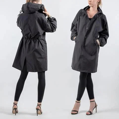 Dame trenchcoat - Casual oversized passform - Høy krage med hette - Knapper og sidelommer